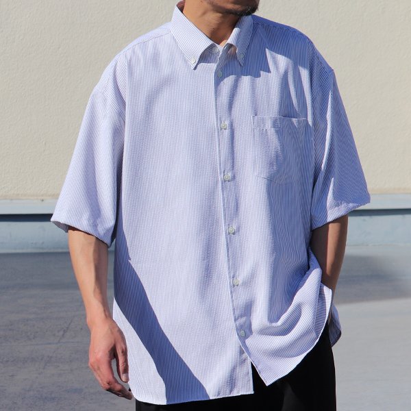 画像3: TECH サッカー ストライプ ボタンダウン ボクシーAライン ハーフスリーブ シャツ【MADE IN JAPAN】『日本製』/ Upscape Audience