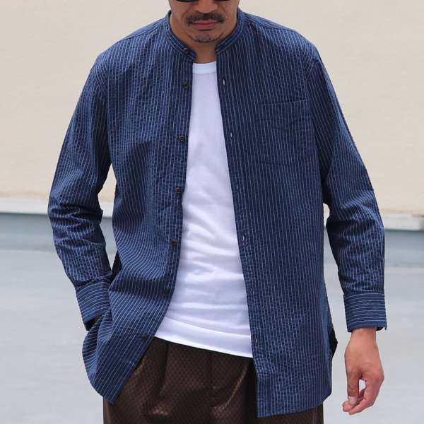 画像3: 【RE PRICE / 価格改定】インディゴサッカーストライプバンドカラーオーバサイズロング長袖_Shirts【MADE IN JAPAN】『日本製』/ Upscape Audience