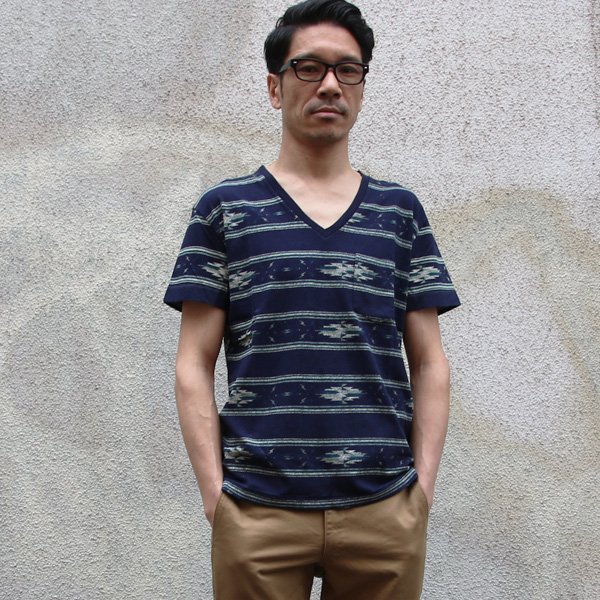 画像7: 【RE PRICE / 価格改定】ヘンプコットンオルテガボーダープリントポケット付きVネック半袖カットソー / Audience