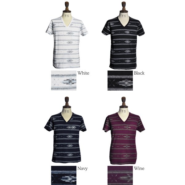 画像8: 【RE PRICE / 価格改定】ヘンプコットンオルテガボーダープリントポケット付きVネック半袖カットソー / Audience