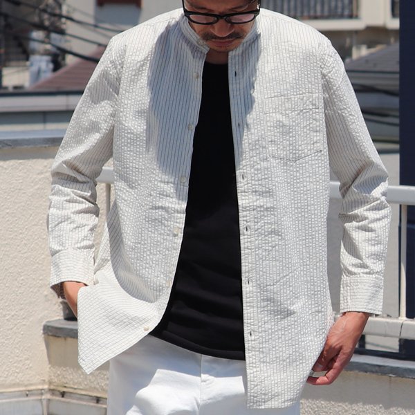 画像7: 【RE PRICE / 価格改定】インディゴサッカーストライプバンドカラーオーバサイズロング長袖_Shirts【MADE IN JAPAN】『日本製』/ Upscape Audience