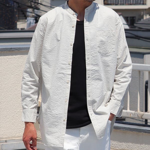 画像4: 【RE PRICE / 価格改定】インディゴサッカーストライプバンドカラーオーバサイズロング長袖_Shirts【MADE IN JAPAN】『日本製』/ Upscape Audience