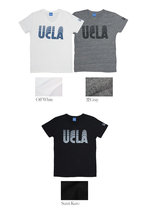 画像:  UCLA"UCLA"ロゴ三素材混カレッジプリント半袖VネックTシャツ / Audience