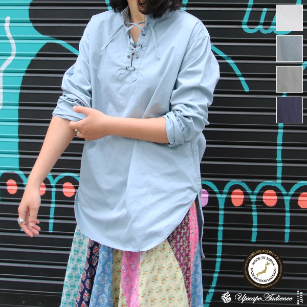 画像1: コットンギャバジンレースアップバンドカラーL/SシャツTEE【MADE IN JAPAN】『日本製』/ Upscape Audience (1)