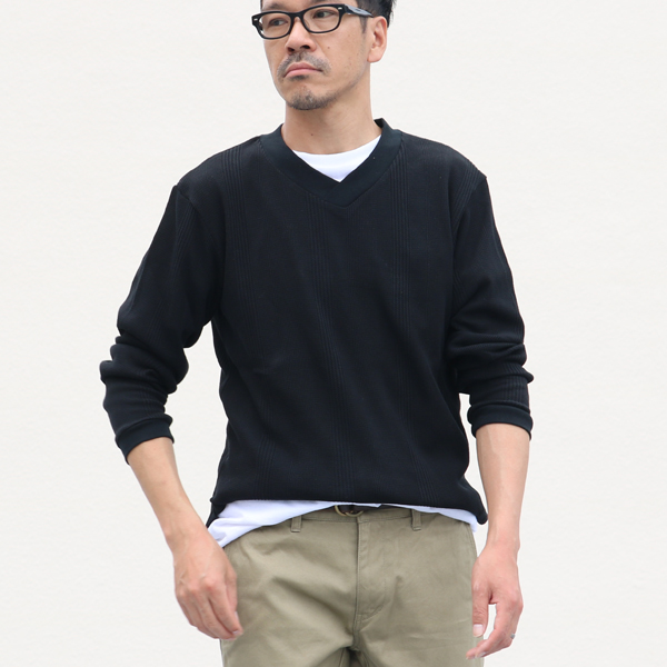 画像2: ランダムワッフル ヘムラウンドVネック　L/S　ニットソー【MADE IN JAPAN】『日本製』/ Upscape Audience (2)