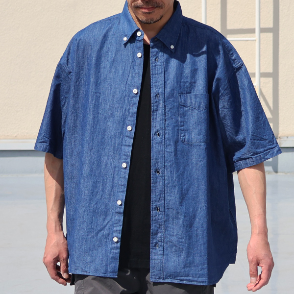 画像2: 「備後」 6オンス ムラデニム 釦ダウン ボク シーAライン ハーフスリーブシャツ【MADE IN JAPAN】『日本製』/ Upscape Audience (2)