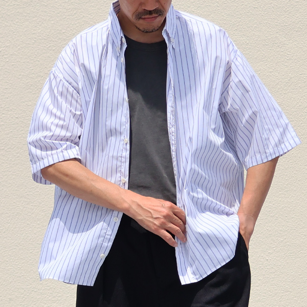 画像2: 吸水速乾・接触冷感・UVカット「多機能TECH 」 コットンライク ストライプ ボタンダウン ボクシーAライン ハーフスリーブシャツ【MADE IN JAPAN】『日本製』/ Upscape Audience (2)