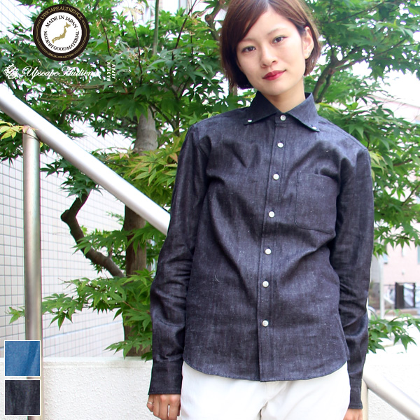 画像1: 【RE PRICE / 価格改定】麻混デニムワイドスプレッド長袖シャツ [Lady's]【MADE IN JAPAN】『日本製』/ Upscape Audience (1)