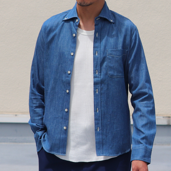 画像2: 【RE PRICE / 価格改定】麻混デニムワイドスプレッド長袖シャツ【MADE IN JAPAN】『日本製』/ Upscape Audience (2)