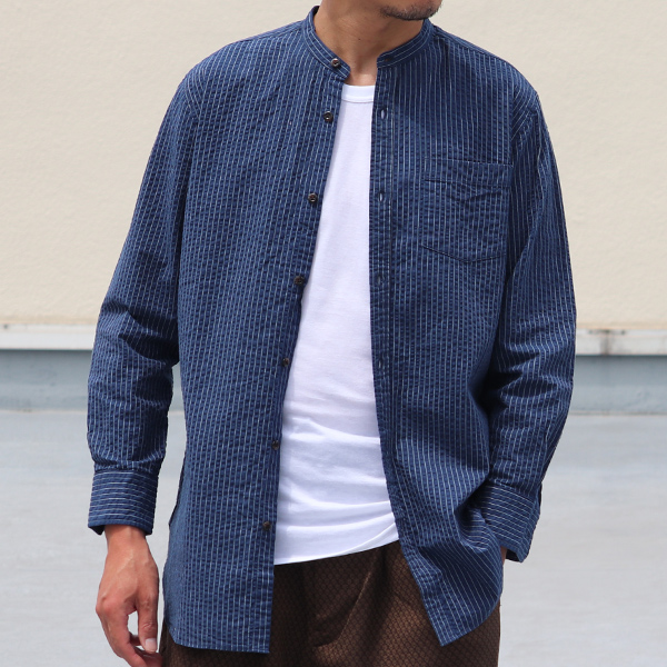 画像2: 【RE PRICE / 価格改定】インディゴサッカーストライプバンドカラーオーバサイズロング長袖_Shirts【MADE IN JAPAN】『日本製』/ Upscape Audience (2)