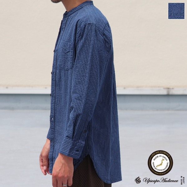 画像1: 【RE PRICE / 価格改定】インディゴサッカーストライプバンドカラーオーバサイズロング長袖_Shirts【MADE IN JAPAN】『日本製』/ Upscape Audience (1)