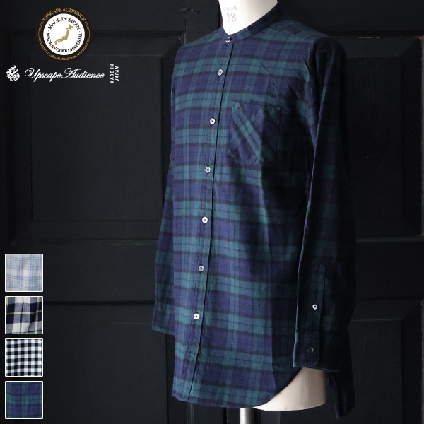 画像1: 【RE PRICE / 価格改定】フランネルチェックバンドカラーロング長袖_Shirts【MADE IN JAPAN】『日本製』/ Upscape Audience (1)