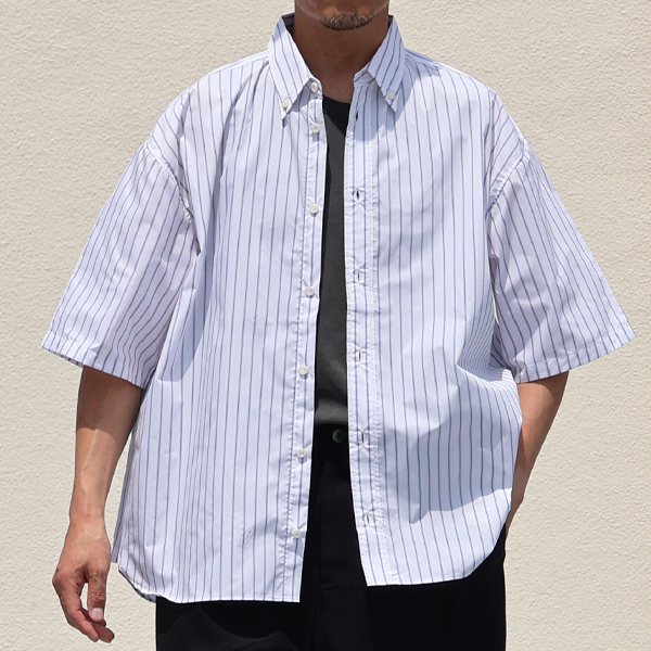 画像3: 吸水速乾・接触冷感・UVカット「多機能TECH 」 コットンライク ストライプ ボタンダウン ボクシーAライン ハーフスリーブシャツ【MADE IN JAPAN】『日本製』/ Upscape Audience (3)