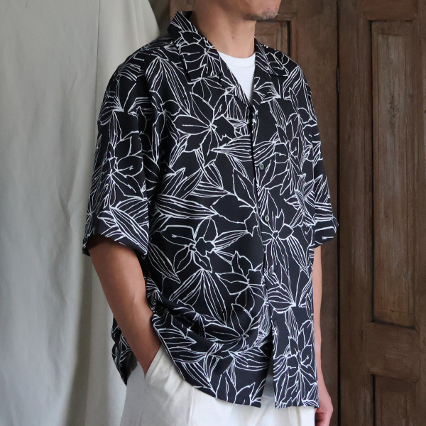 画像2: 「丹後」 ライトアムンゼン(梨地) 捺染 モノトーンフラワー “マシンプリント” オープンカラー ハーフスリーブシャツ【MADE IN JAPAN】『日本製』/ Upscape Audience (2)