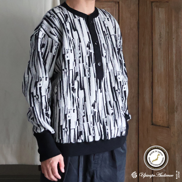 画像1: 「尾州」マルチカラー ストライプ 幾何柄コットンキルト フィンガーホール付き 布帛ヘンリーネック【MADE IN JAPAN】『日本製』 / Upscape Audience (1)