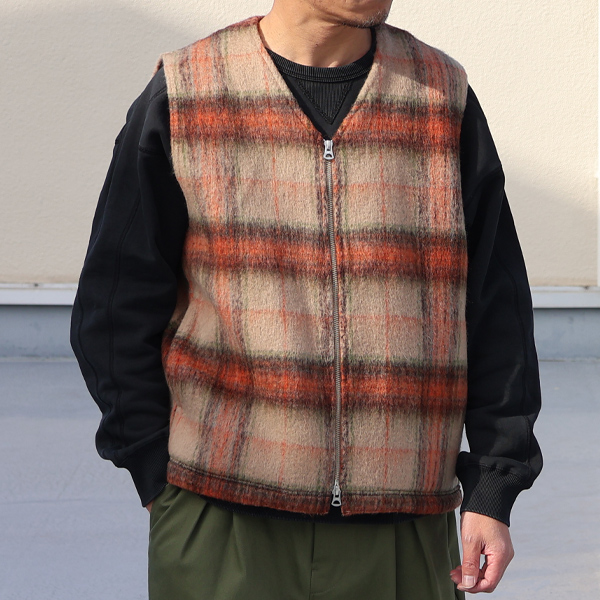 画像5: ECOLANA シャギーチェック ノーカラー ZIP ベスト【MADE IN JAPAN】『日本製』【送料無料】 / Upscape Audience (5)